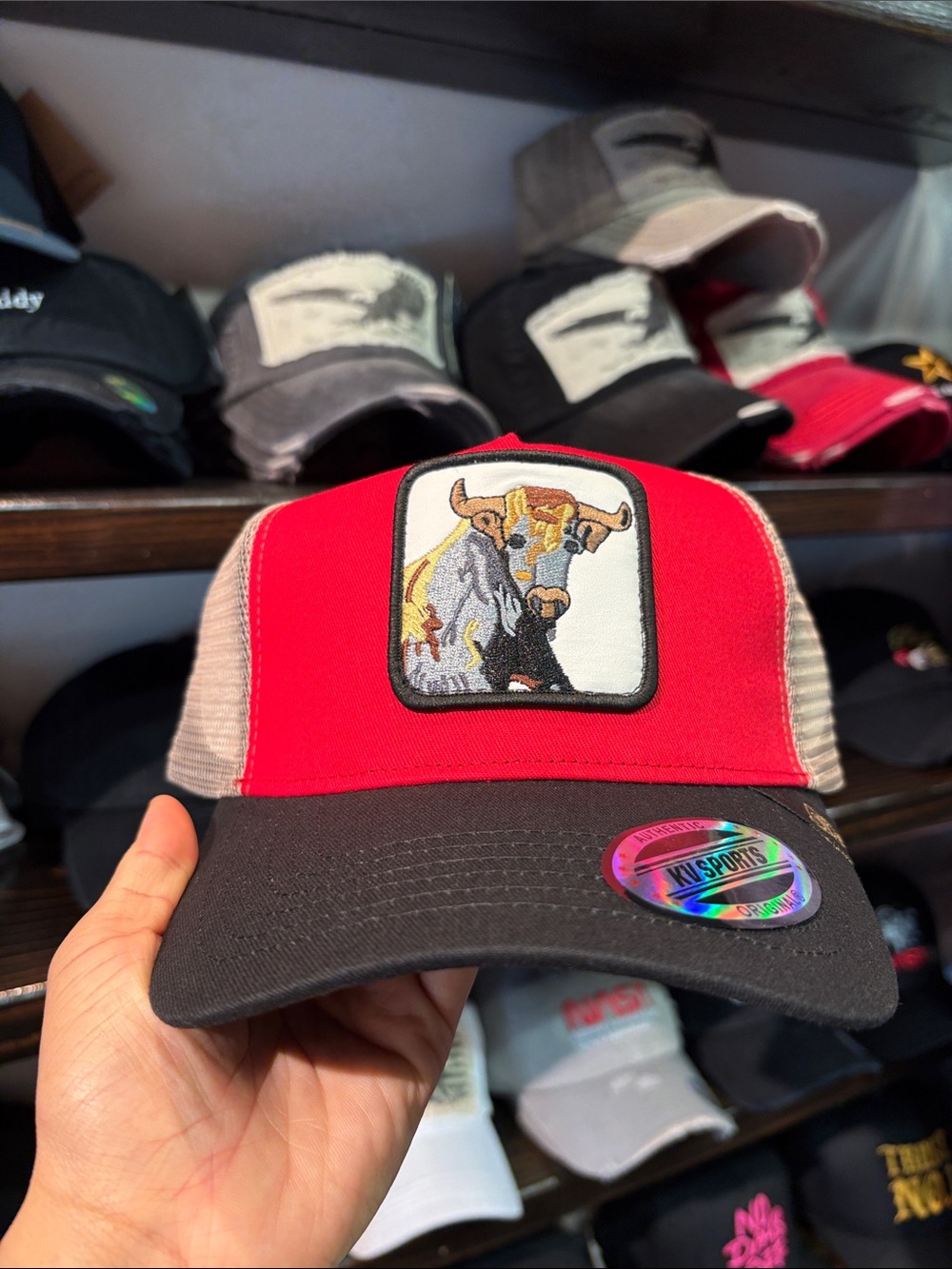 Men’s Red and Black Trucker Hat with Bull Patch
